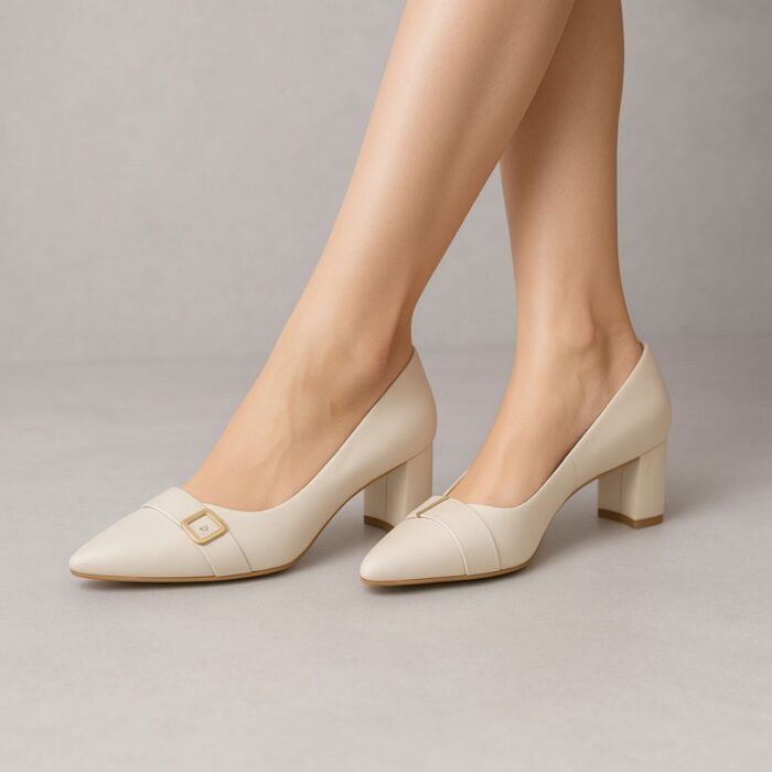 ⁦حذاء كعب عريض متوسط للنساء لون بيج⁩ - الصورة ⁦7⁩