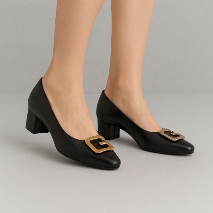 ⁦حذاء كعب متوسط نسائي بكعب عريض بتصميم لون اسود⁩ - الصورة ⁦5⁩