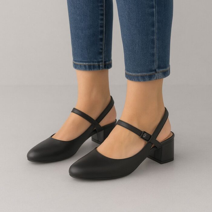 ⁦حذاء كعب ستاتي عريض متوسط مفتوح من الخلف لون اسود⁩ - الصورة ⁦7⁩