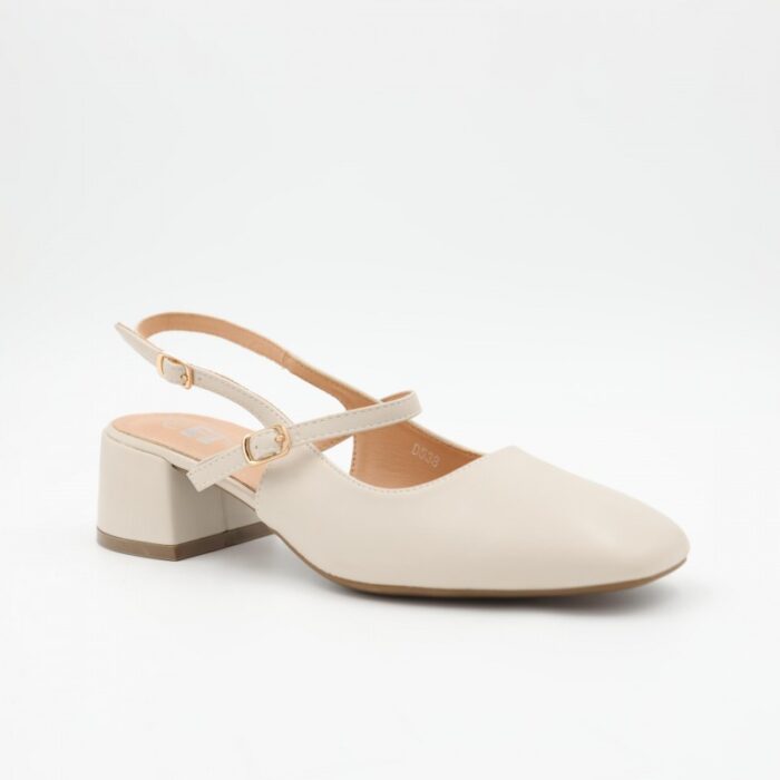 ⁦حذاء كعب ستاتي عريض متوسط مفتوح من الخلف لون بيج⁩ - الصورة ⁦2⁩