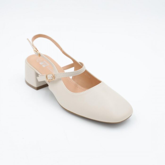 ⁦حذاء كعب ستاتي عريض متوسط مفتوح من الخلف لون بيج⁩ - الصورة ⁦6⁩