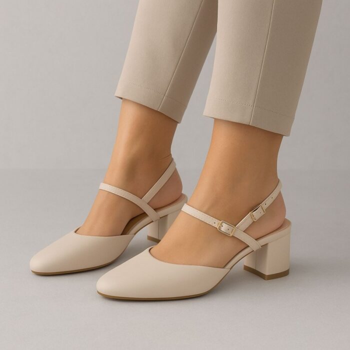 ⁦حذاء كعب ستاتي عريض متوسط مفتوح من الخلف لون بيج⁩ - الصورة ⁦7⁩