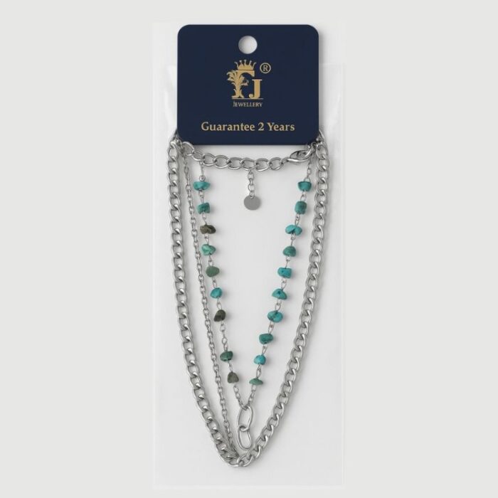 103383744_685ebeb4812aa سلسال 3 طبقات جنزير وحلقات صغيرة مترابطة احجار زركون صغيرة لون فضي - الصورة 1