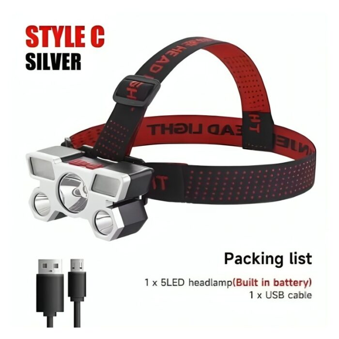 103383887_685ebfe9a3e03 مصباح رأس كشاف ذات 5 مصابيح LED - ضوء قوي وضد رذاذ الماء - مستويين إضاءة - بطارية مدمجة - مناسب أثناء العمل بالليل والتخييم - الصورة 1