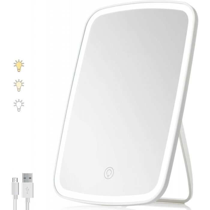 ⁦مرآة مكياج شاشة تعمل باللمس مع إضاءة LED ذات 3 مستويات وحامل قابل للطي، مرآة مربعة الشكل - المقاس: 18*12.5 سم⁩ - الصورة ⁦5⁩