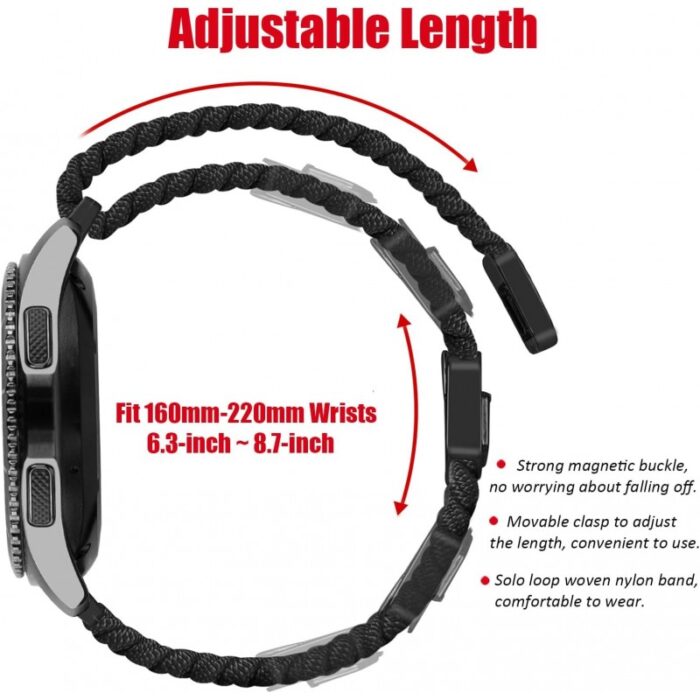⁦حزام ساعة هواوي GT4 - مصنوع من النايلون الناعم عالي الجودة وقابل للتمدد - لون أسود - مقاس 22mm⁩ - الصورة ⁦6⁩