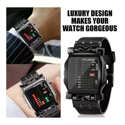 ساعة يد ماتريكس رجالية دقيقة لرواد الفضاء - تظهر اليوم والاسبوع والشهر ، بإضاءة LED، تعمل بنظام ثنائي، مناسبة للاستخدام اليومي - لون أسود