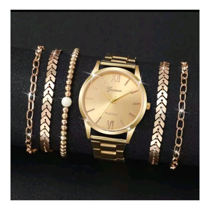 103383950_685ec091345d2 طقم ساعة كوارتز مع 5 أساور أنيقة للصبايا - لون ذهبي فخم - الصورة 1