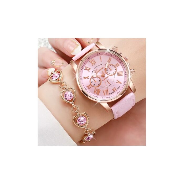 103383951_685ec092d4336 طقم ساعة كوارتز مع اسوارة وسنسال وخلق وخاتم - لون زهري أنيق - الصورة 1