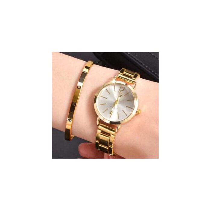 ⁦طقم ساعة كوارتز مع اسوارة لطيفة للصبايا - لون ذهبي⁩ - الصورة ⁦2⁩