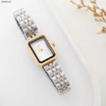 ساعة نسائية مستطيلة (اللون: ذهبي وفضي)