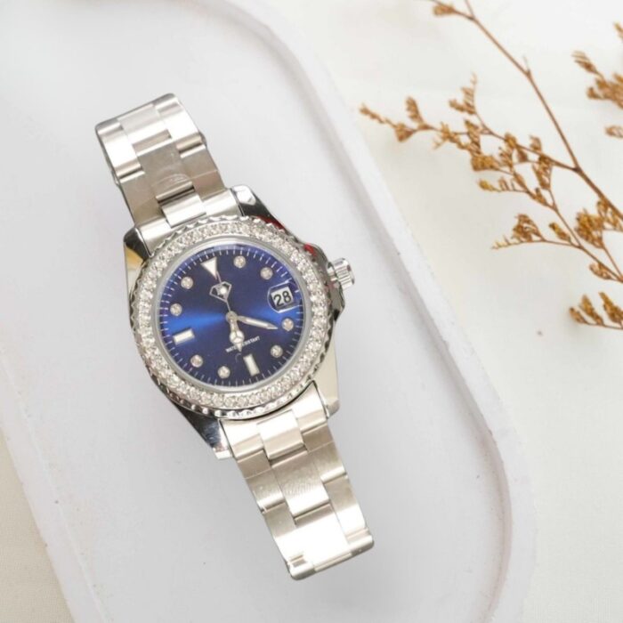 ⁦ساعة نسائية دائرية مع زركون وحزام معدني (اللون: فضي)⁩ - الصورة ⁦2⁩