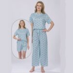 بجامة ستاتي ثلاث قطع بلبس ون سايز لون ازرق سماوي