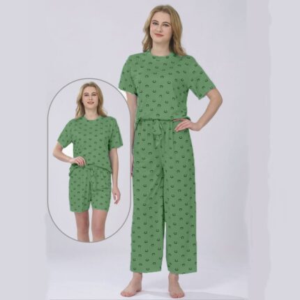 بجامة ستاتي ثلاث قطع بلبس ون سايز لون زيتي