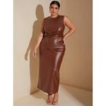 ⁦فستان طويل جلد للنساء لون بني⁩ - الصورة ⁦7⁩