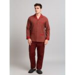 بجامة ستان بأكمام طويلة (قميص وبنطلون) للرجال لون خمري