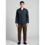 بجامة ستان بأكمام طويلة (قميص وبنطلون) للرجال لون كحلي