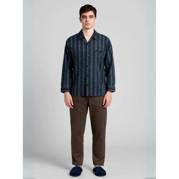 103384399_685ec4cee660d بجامة ستان بأكمام طويلة (قميص وبنطلون) للرجال لون كحلي - الصورة 1