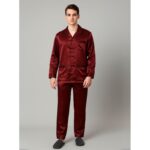 بجامة ستان بأكمام طويلة (قميص وبنطلون) للرجال لون خمري