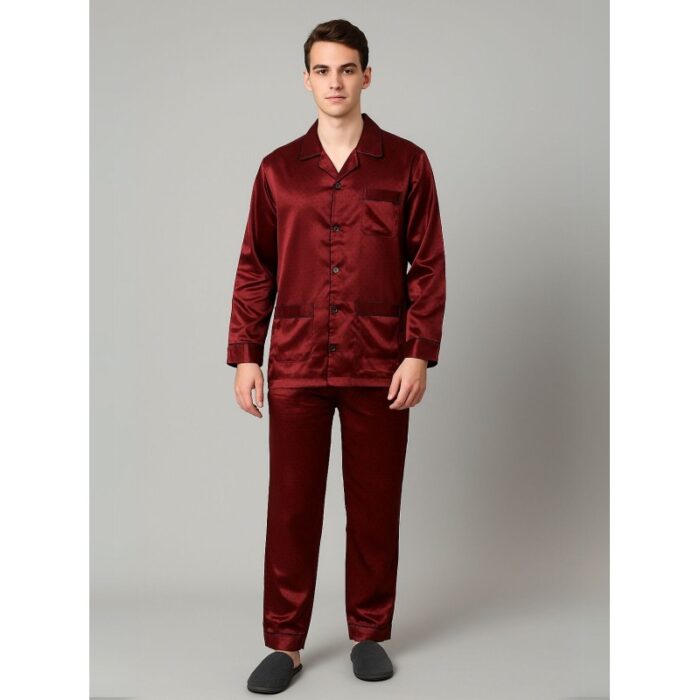 103384447_685ec5a547050 بجامة ستان بأكمام طويلة (قميص وبنطلون) للرجال لون خمري - الصورة 1