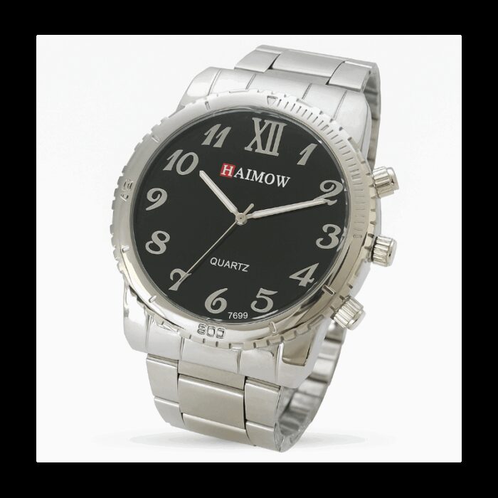 ⁦ساعة معدنية للرجال لون فضي أرضية سوداء ماركة Haimow⁩ - الصورة ⁦2⁩