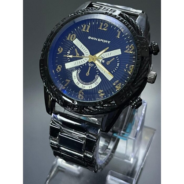 103384587_685ec765a6232 ساعة معدنية للرجال لون أسود أرضية زرقاء ماركة awin sport - الصورة 1