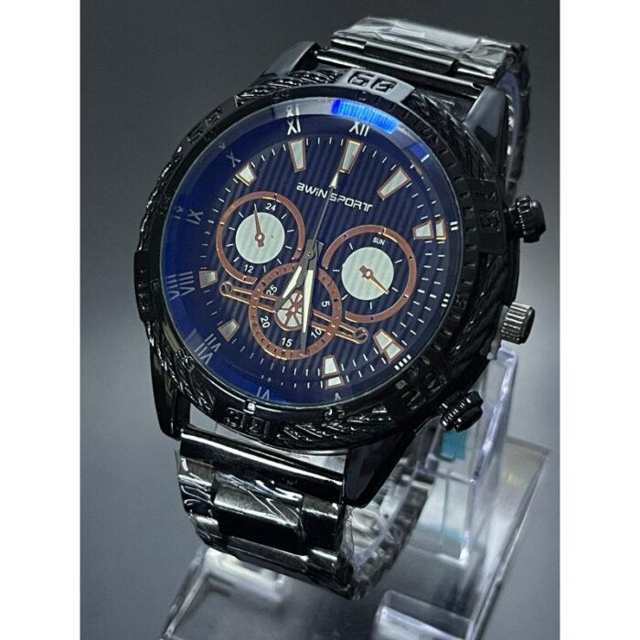 103384589_685ec79a4a1dd ساعة معدنية للرجال لون أسود أرضية زرقاء ماركة awin sport - الصورة 1
