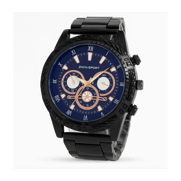 ⁦ساعة معدنية للرجال لون أسود أرضية زرقاء ماركة awin sport⁩ - الصورة ⁦2⁩
