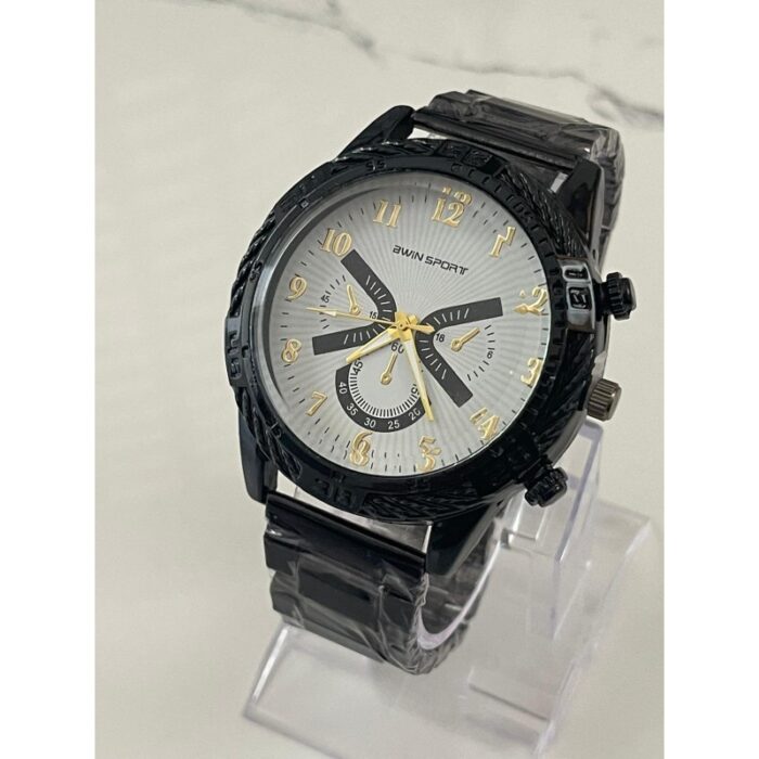 103384591_685ec7c309807 ساعة معدنية للرجال لون أسود أرضية بيضاء ماركة awin sport - الصورة 1