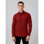 قميص رجالي لون أحمر وأسود مع أزرار