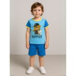 طقم تيشيرت وشورت للأطفال لون أزرق وتركواز