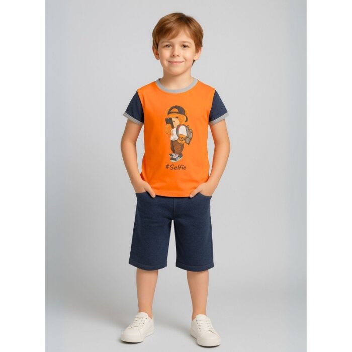 103384906_685ecae0b894b طقم تيشيرت وشورت للأطفال لون برتقالي وكحلي - الصورة 1