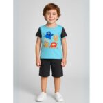 طقم تيشيرت وشورت للأطفال لون أزرق وأسود