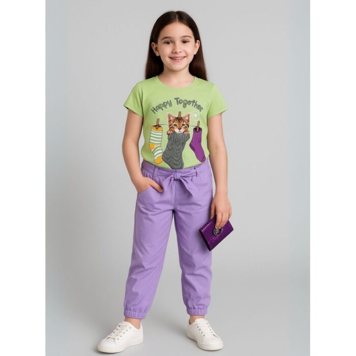 ⁦طقم بنطلون وتيشيرت للأطفال لون أصفر وبنفسجي⁩ - الصورة ⁦2⁩
