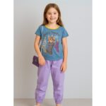 طقم بنطلون وتيشيرت للأطفال لون بيج وبنفسجي