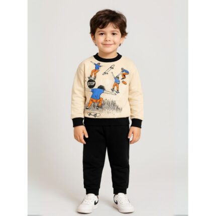 طقم بنطلون وبلوزة للأطفال لون بيج وأسود