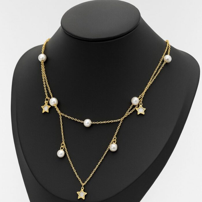 103385117_685ecd306d8c8 سلسال طبقتين نجوم وحبات لولو لون ذهبي - الصورة 1