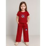 طقم بناتي قطعتين لون أحمر بنطلون + تيشيرت