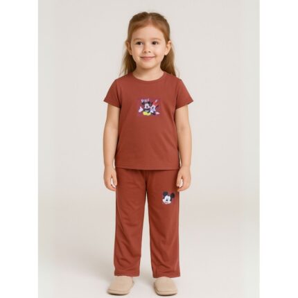 طقم بناتي قطعتين لون بني بنطلون + تيشيرت