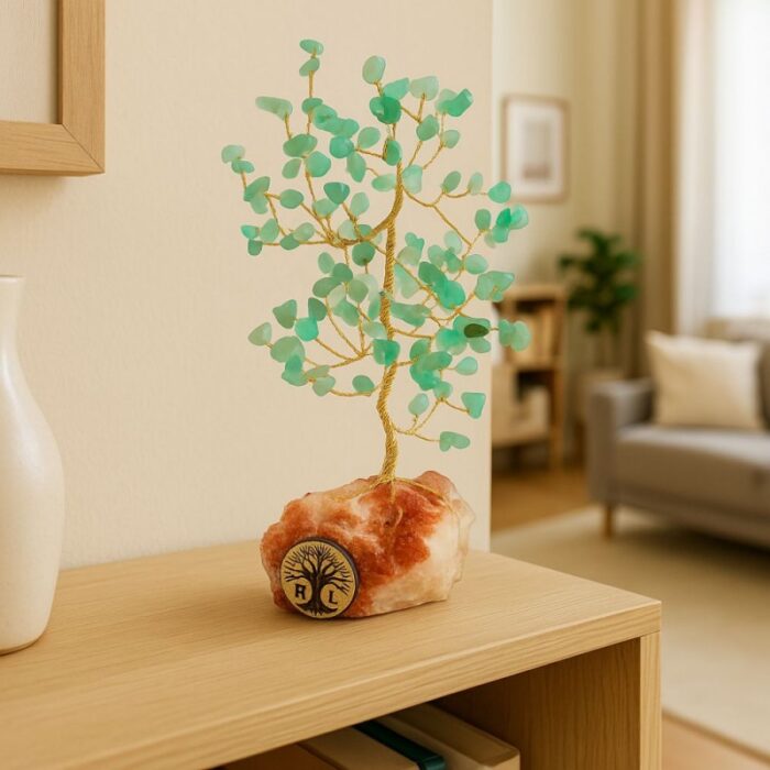 103385301_685ecef08a7d5 شجرة مصنوعة من الاسلاك المعدنية مع الحجر الكريم green aventurine مع قاعدة حجر طبيعي كريستالي ملحي طولها 20 سم - الصورة 1