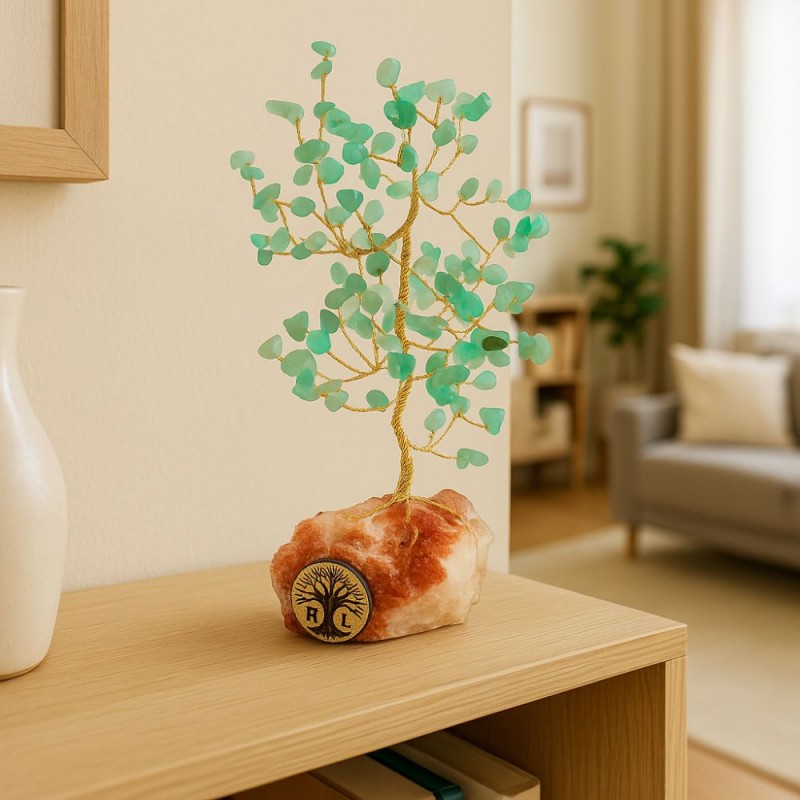 ⁦شجرة مصنوعة من الاسلاك المعدنية مع الحجر الكريم green aventurine مع قاعدة حجر طبيعي كريستالي ملحي طولها 20 سم⁩ - الصورة ⁦1⁩