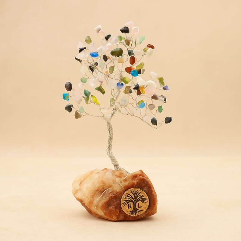 ⁦شجرة مصنوعة من الاسلاك المعدنية مع الحجر الكريم تورمالين مع قاعدة حجر طبيعي كريستالي ملحي طولها 20 سم⁩ - الصورة ⁦1⁩