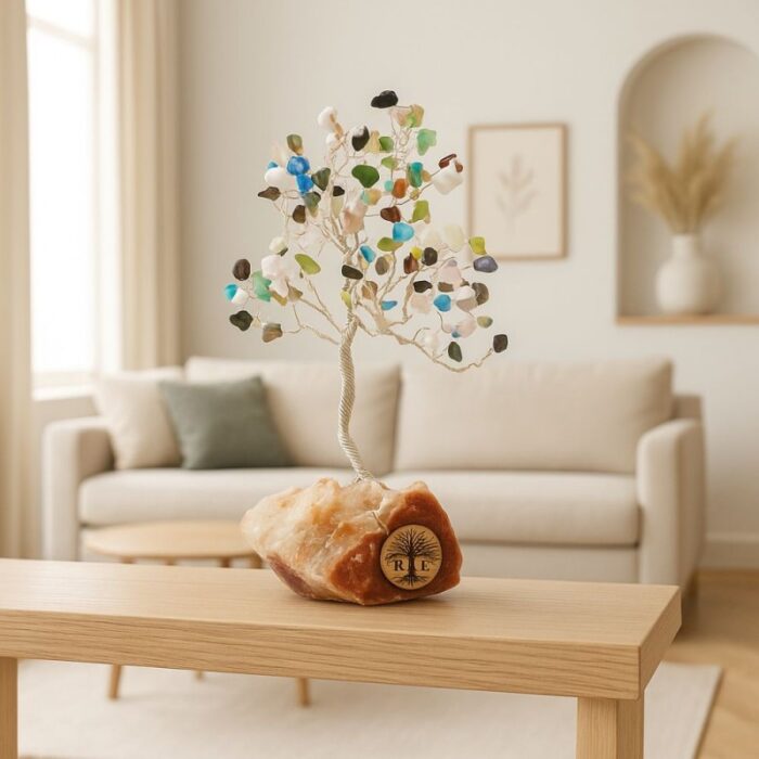 ⁦شجرة مصنوعة من الاسلاك المعدنية مع الحجر الكريم تورمالين مع قاعدة حجر طبيعي كريستالي ملحي طولها 20 سم⁩ - الصورة ⁦2⁩