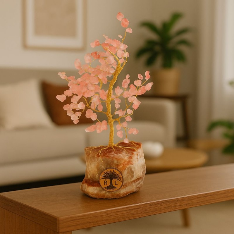 ⁦شجرة مصنوعة من الاسلاك المعدنية مع الحجر الكريم strawberry quartz مع قاعدة حجر طبيعي كريستالي ملحي طولها 20 سم⁩ - الصورة ⁦1⁩