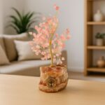 ⁦شجرة مصنوعة من الاسلاك المعدنية مع الحجر الكريم strawberry quartz مع قاعدة حجر طبيعي كريستالي ملحي طولها 20 سم⁩ - الصورة ⁦4⁩