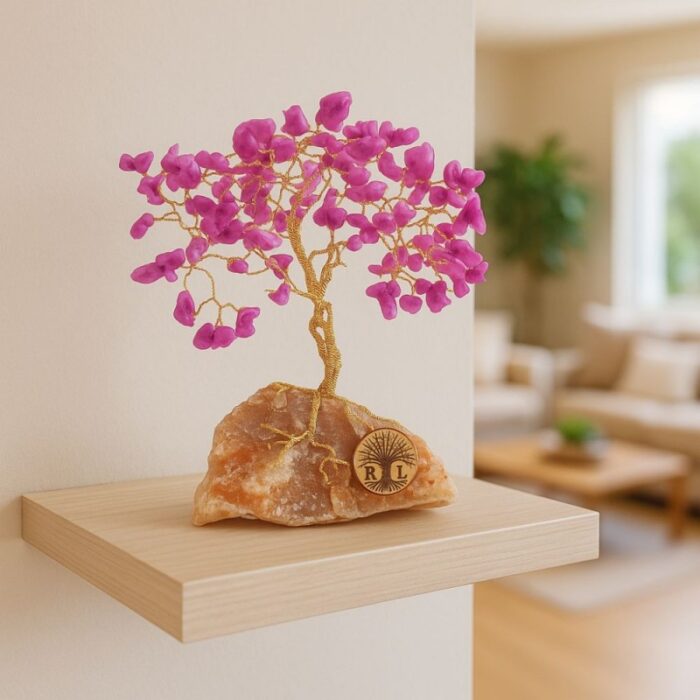 103385307_685ecef7d2eec شجرة مصنوعة من الاسلاك المعدنية مع الحجر الكريم pink topaz مع قاعدة حجر طبيعي كريستالي ملحي طولها 20 سم - الصورة 1