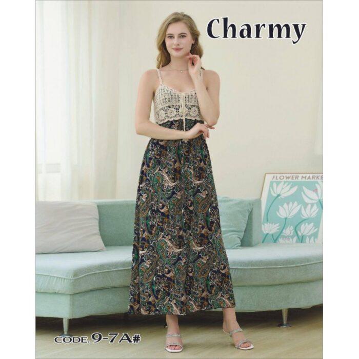 103385405_686062c153064 فستان بيتي طويل للنساء لون بيج وكحلي وأخضر - الصورة 1