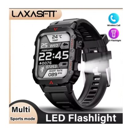 ساعة ذكية عسكرية للرجال بشاشة لمس 1.7 إنش - مزودة بكشاف- مثالية للمكالمات وتتبع اللياقة والتمارين الرياضية وضغط الدم