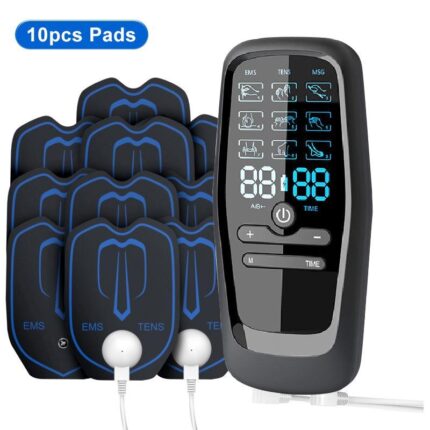 جهاز تحفيز العضلات الكهربائي EMS ذات شاشة LCD و6 مستويات مساج - خفيف الوزن ومحمول - مع 10 لزقات