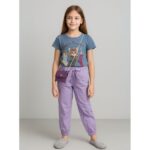 طقم بنطلون وتيشيرت للأطفال لون أزرق و بنفسجي